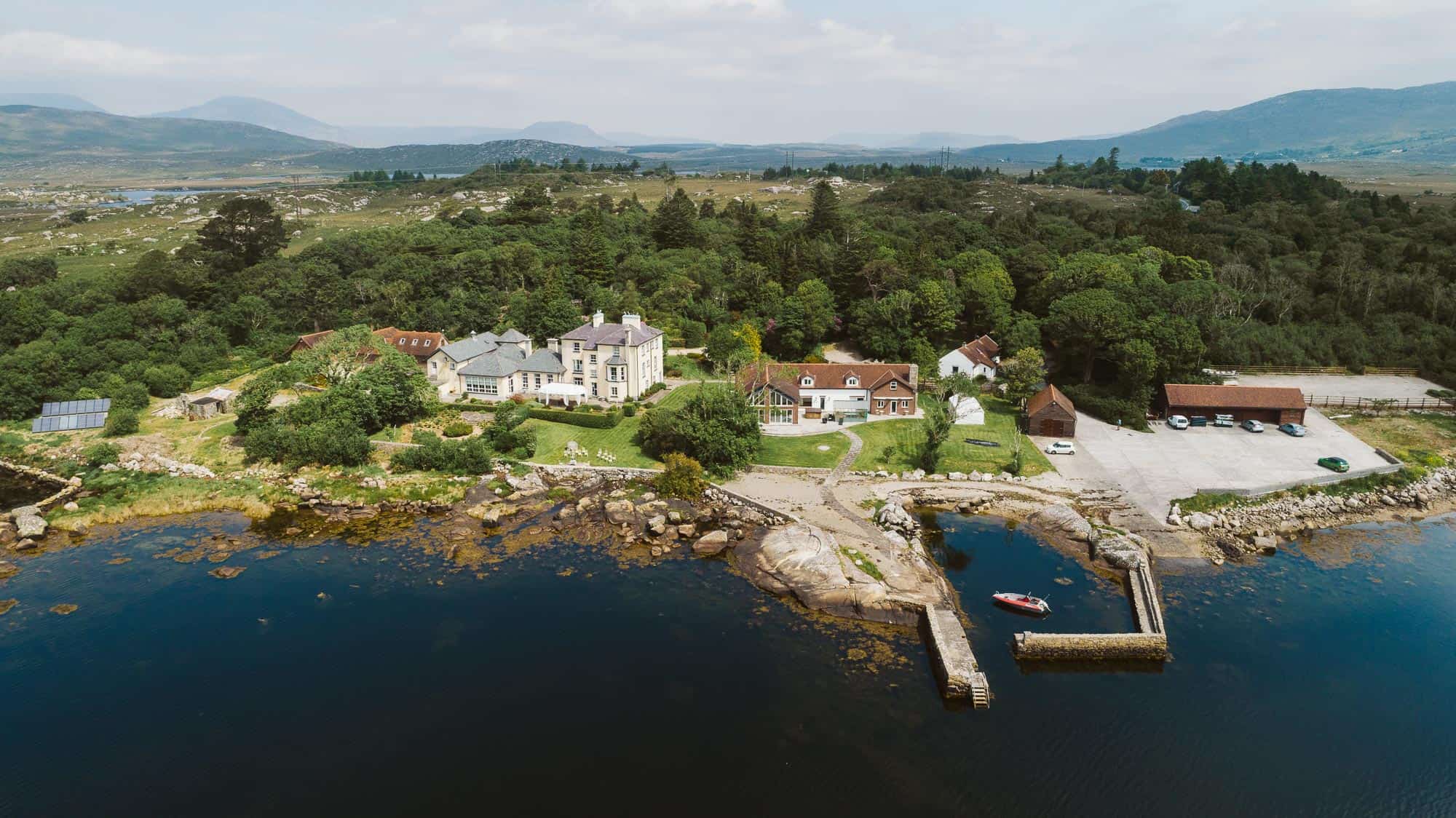 drone shot of manor house in Connemara for eloping in Ireland
