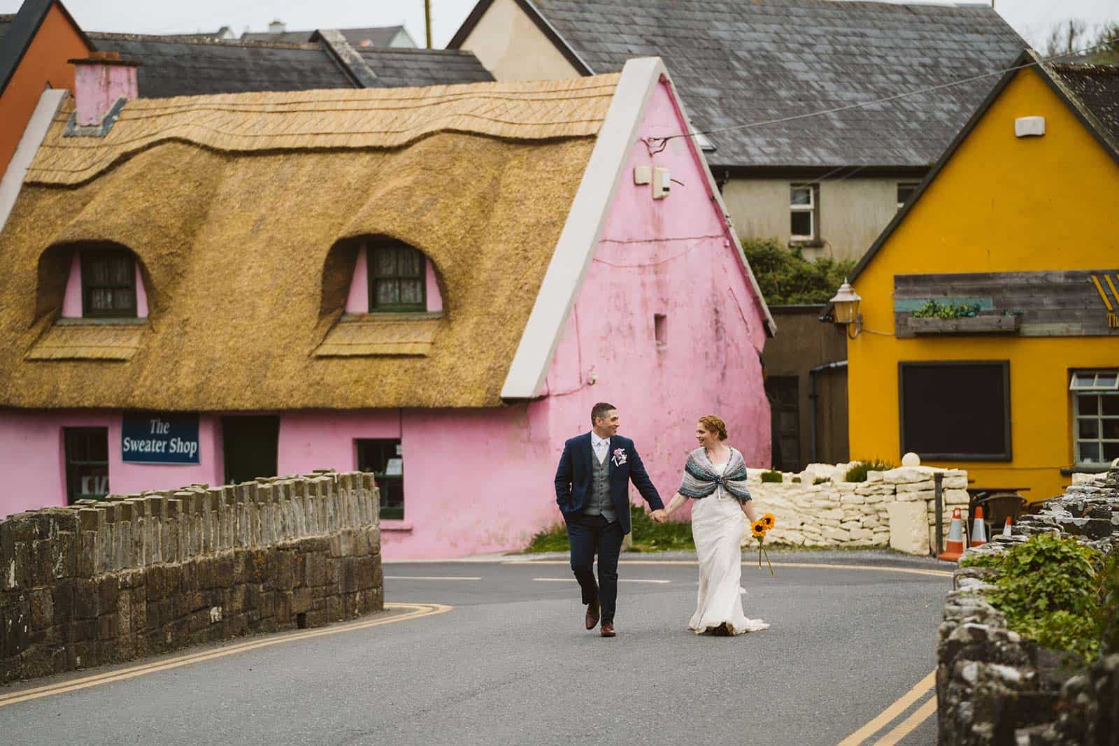 Irish village with couple while eloping in Ireland